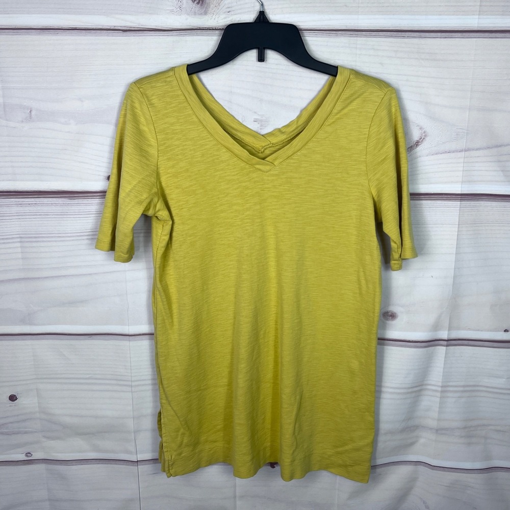 J Jill Top Womens S Yellow Double V T-Shirt Short Sleeve Pima Cotton Tunic Solid